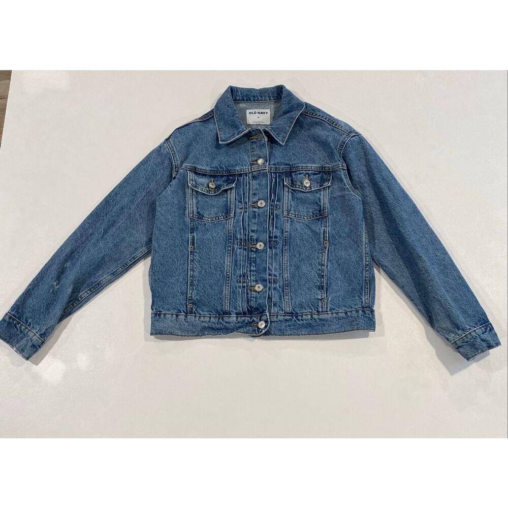 Old Navy Women Denim Trucker Jacket Medium Blue Jean Classic Button Distressed